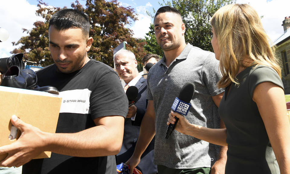 Journalists, pictured here asking questions of Jarryd Hayne after his release from Cooma Correctional Centre.