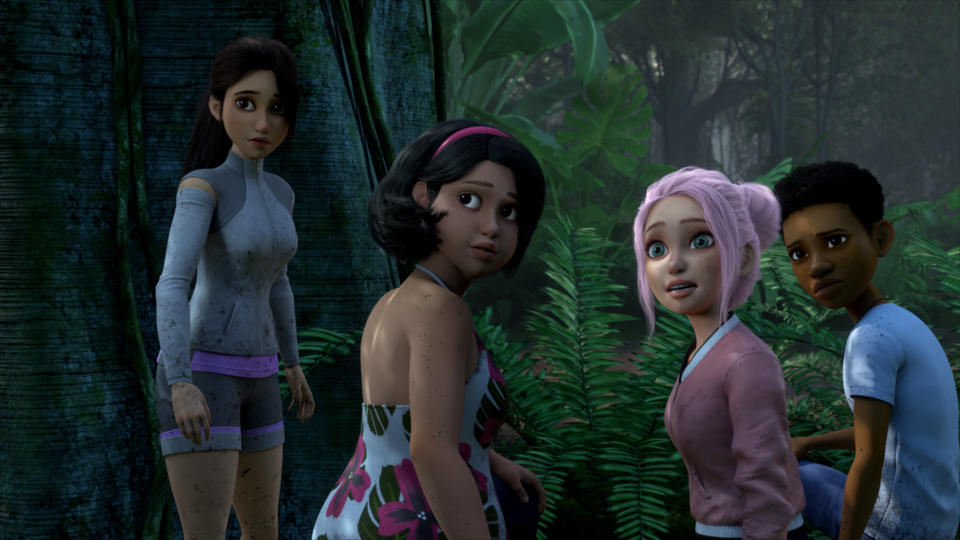 Jurassic World: Camp Cretaceous (L to R) Kausar Mohammed as Yaz, Raini Rodriquez as Sammy, Jenna Ortega as Brooklynn and Paul-Mikel Williams as Darius. (Netflix)