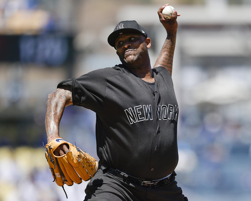 New York Yankees starting pitcher CC Sabathia delivers during the first inning of a baseball game against the Los Angeles Dodgers in Los Angeles, Saturday, Aug. 24, 2019. (AP Photo/Kelvin Kuo)