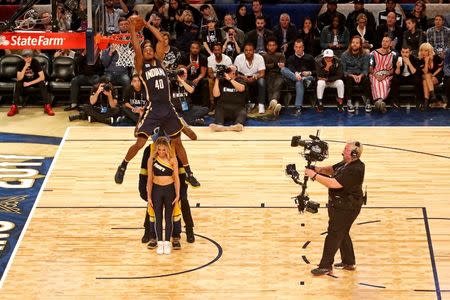 Feb 18, 2017; New Orleans, LA, USA; Indiana Pacers forward Glenn Robinson III (40) makes the winning dunk in the slam dunk contest during NBA All-Star Saturday Night at Smoothie King Center. Mandatory Credit: Bob Donnan-USA TODAY Sports