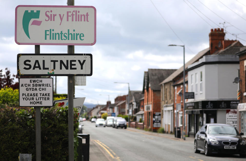 Boundary Lane, Saltney. The road is the border between Flintshire in North Wales and Cheshire, England. Residents on one side are free to travel and meet individually, while on the other side in Wales, the country remains unchanged and in lockdown. Pictured: Saltney sign. Photo by Ian Cooper