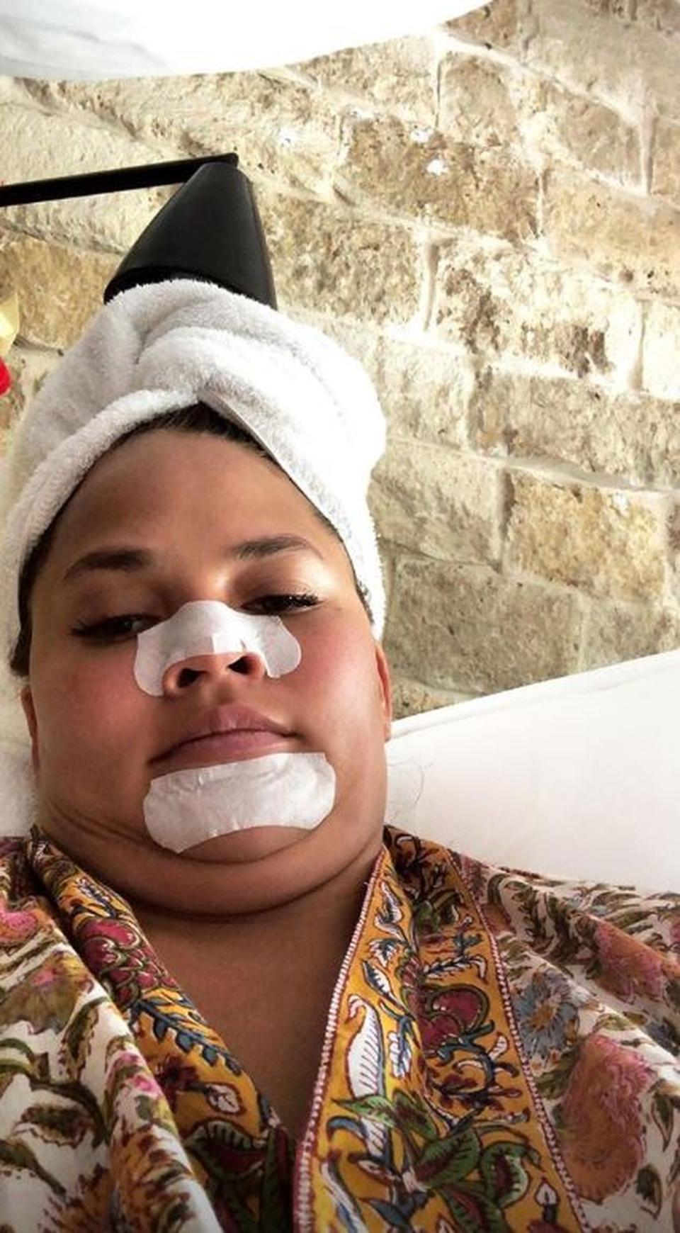 Looking every inch in holiday mode, Chrissy faced the camera wearing a robe, a towel on her wet hair and two white strips on her face. Photo: Instagram/ChrissyTeigen