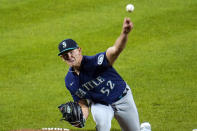 Seattle Mariners starting pitcher Nick Margevicius throws a pitch to the Baltimore Orioles during the fourth inning of the second game of a baseball doubleheader, Tuesday, April 13, 2021, in Baltimore. (AP Photo/Julio Cortez)