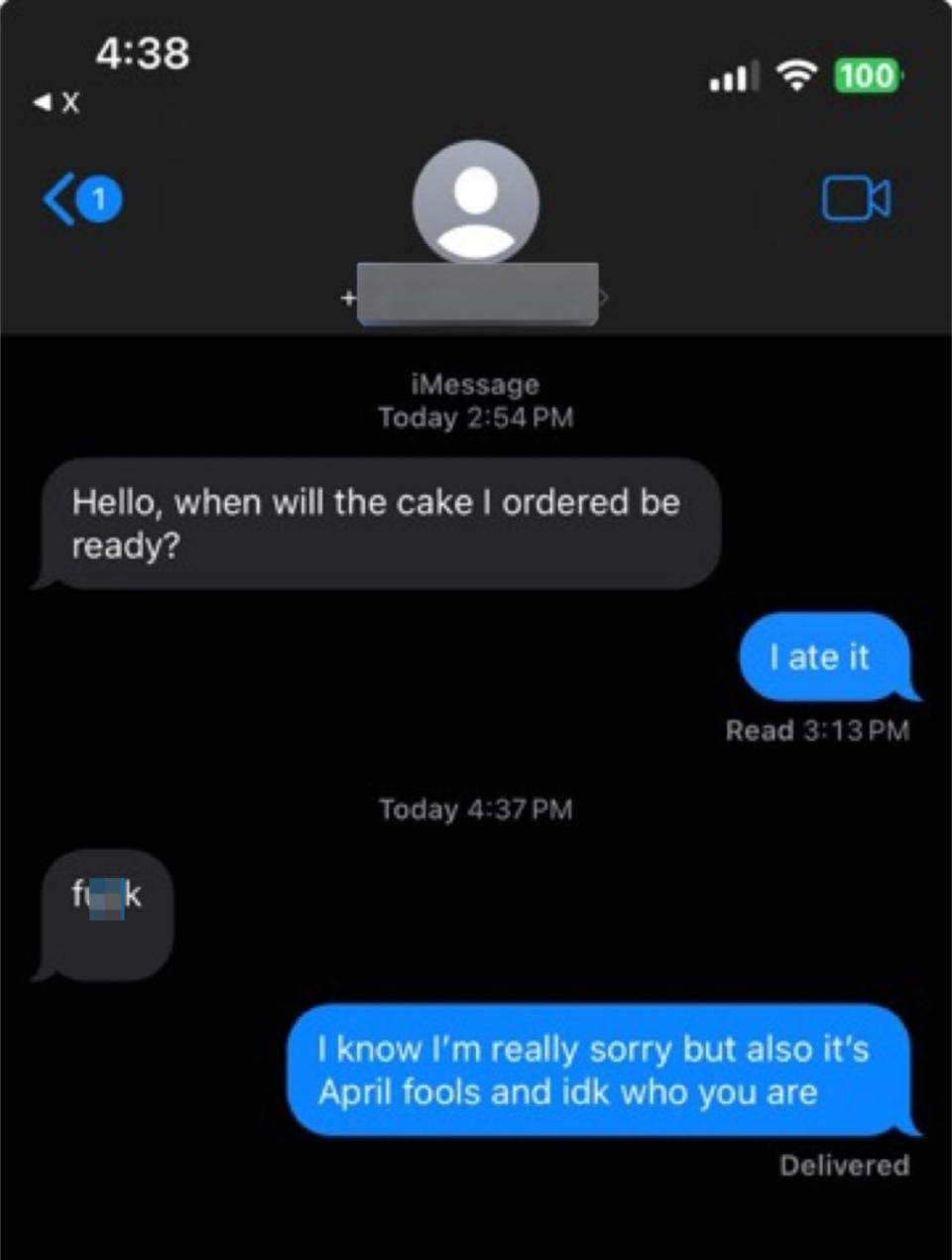 Text message exchange: Person 1 asks, "Hello, when will the cake I ordered be ready?" Person 2 replies, "I ate it." Person 1 responds with an expletive. Person 2 says it was an April Fools’ joke and doesn't know Person 1