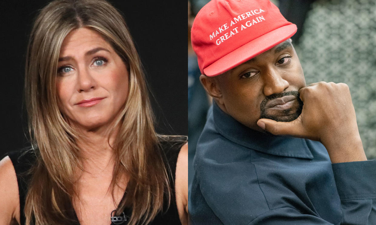 Jennifer Aniston, left, warned her followers that voting for Kanye West, right, "is not funny." (Photo: Getty Images)