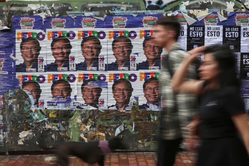 FILE PHOTO: Posters with the image of Colombian left-wing presidential candidate Gustavo Petro, of the Historic Pact coalition are pictured ahead the second round of elections in Bogota