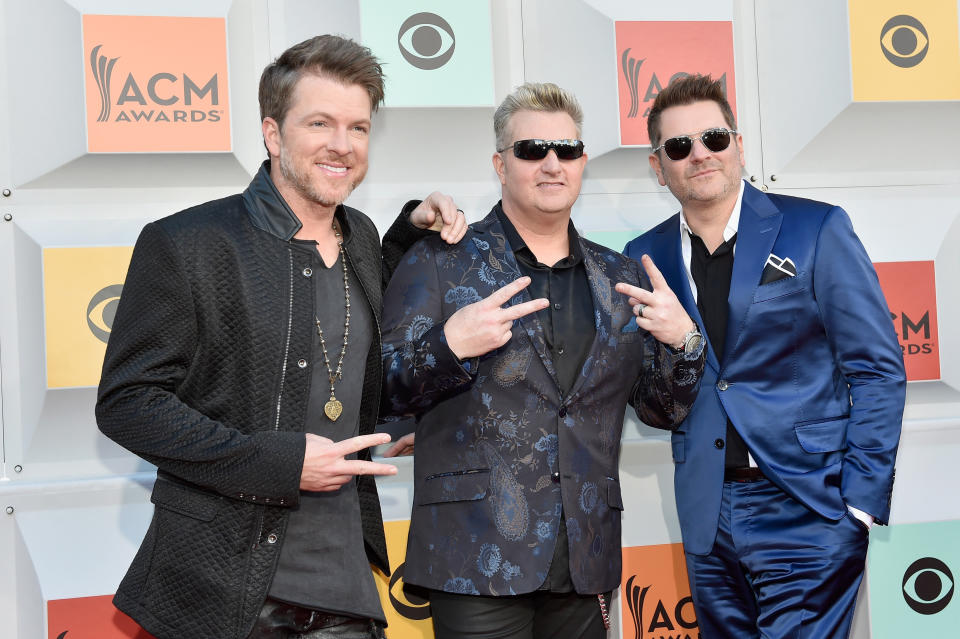 LAS VEGAS, NEVADA - APRIL 03:  (L-R) Recording artists Joe Don Rooney, Gary LeVox and Jay DeMarcus of Rascal Flatts attend the 51st Academy of Country Music Awards at MGM Grand Garden Arena on April 3, 2016 in Las Vegas, Nevada.  (Photo by David Becker/Getty Images)