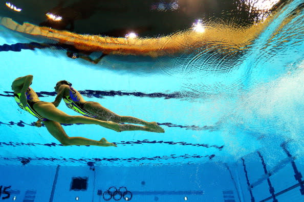 Kseniya Sydorenko and Daria Iushko of the Ukraine compete compete in the Women's Duets Synchronised Swimming Technical Routine on Day 9 of the London 2012 Olympic Games at the Aquatics Centre on August 5, 2012 in London, England. (Photo by Clive Rose/Getty Images)