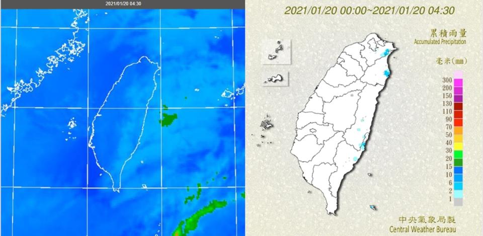 今明暖陽春 日夜溫差達15度以上；圖：今(20日)晨4：30紅外線雲圖顯示，迎風面仍有零散的雲層(左圖)。4：30累積雨量圖顯示，東半部有局部零星降雨(右圖)。