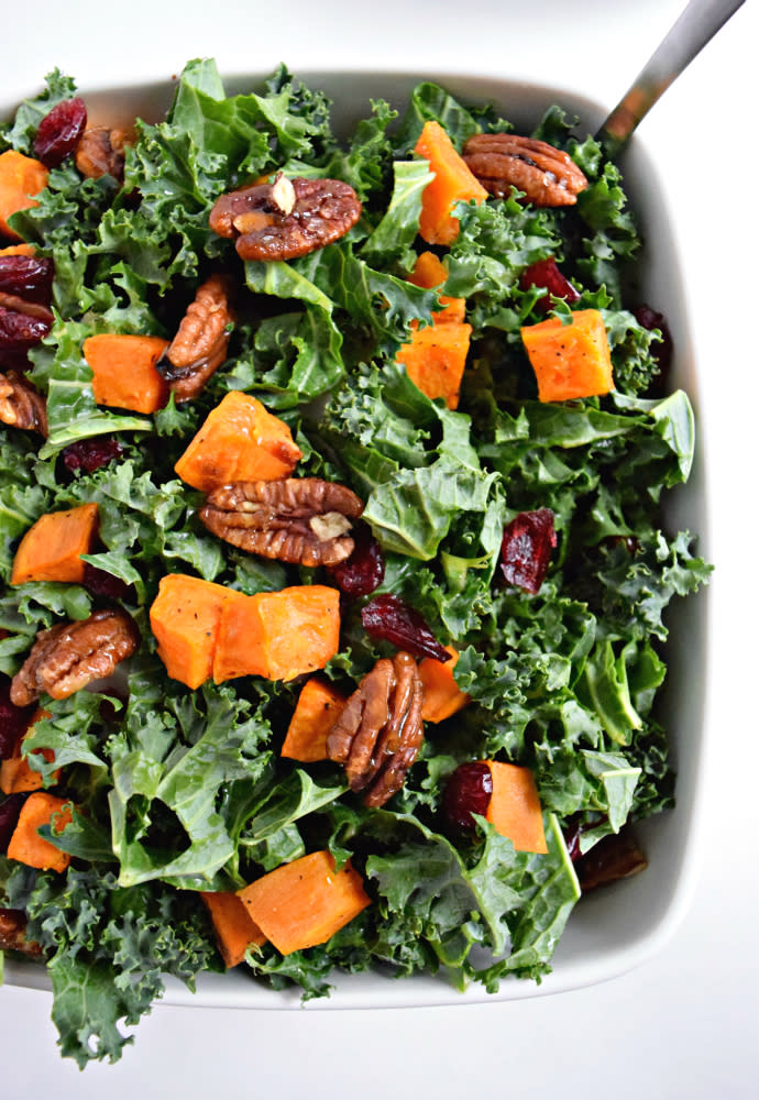 Roasted Sweet Potato and Kale Salad With Candied Pecans and Cranberries