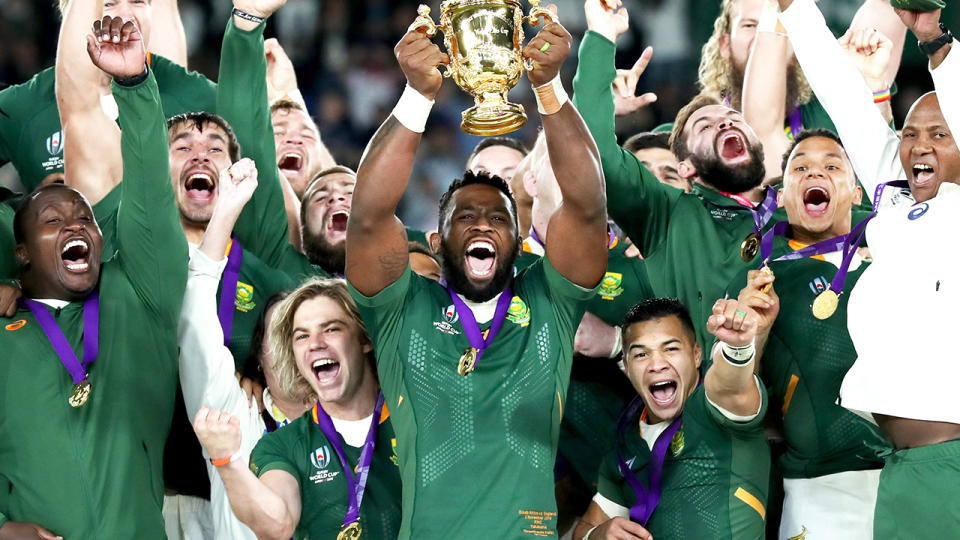  South African captain Siya Kolisi, pictured lifting the Webb Ellis trophy after winning the Rugby World Cup.