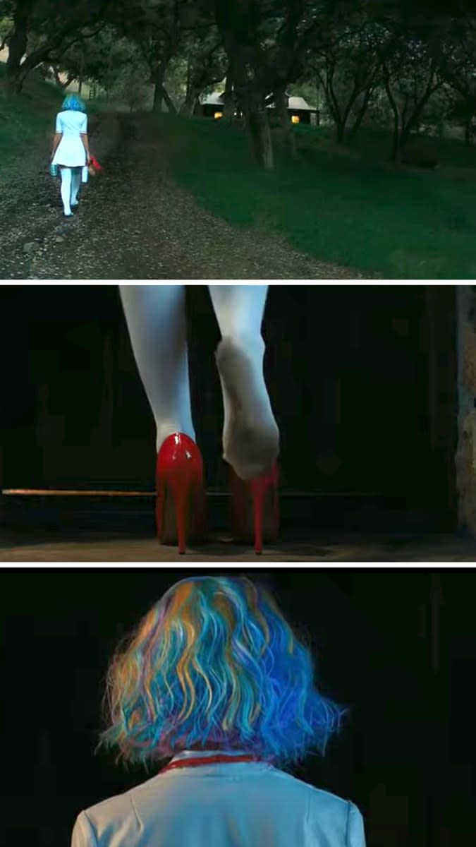 Cassie walks to Al's house in her nurse's costume and wig and puts on her red heels 