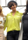 Celebrities in neon fashion: Frankie Sandford looked super-stylish in this <a href="http://uk.lifestyle.yahoo.com/photos/celebrities-in-high-street-britney-spears-taylor-swift-and-lana-del-rey-wear-high-street-fashion-slideshow/" data-ylk="slk:high-street;elm:context_link;itc:0;sec:content-canvas;outcm:mb_qualified_link;_E:mb_qualified_link;ct:story;" class="link  yahoo-link">high-street</a> blouse from River Island.<br><br>[Rex]