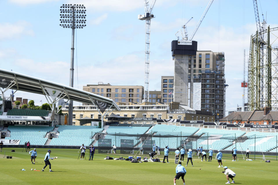 India's cricket team during a training session at The Oval cricket ground in London, Monday, June 5, 2023. Australia will play India in the World Test Championship 2023 Final at The Oval starting June 7. (AP Photo/Kirsty Wigglesworth)