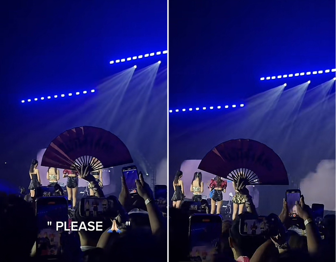 Screen grabs of fans being blocked by handheld folding fan at Blackpink concert in Singapore (Photos: trixl4uu/TikTok)