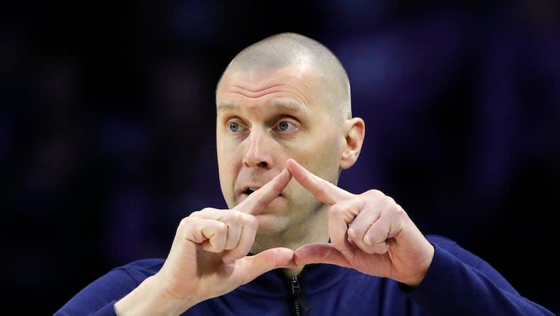 BYU head coach Mark Pope calls out a play during the first half of a game against Kansas State, Saturday, Feb. 24, 2024, in Manhattan, Kan.