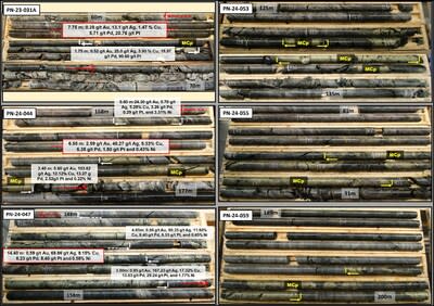 Figure 4: Core pictures showing the relation between observed massive chalcopyrite and grade, and massive chalcopyrite (MCp) observed in three other recent holes. (CNW Group/Power Nickel Inc.)