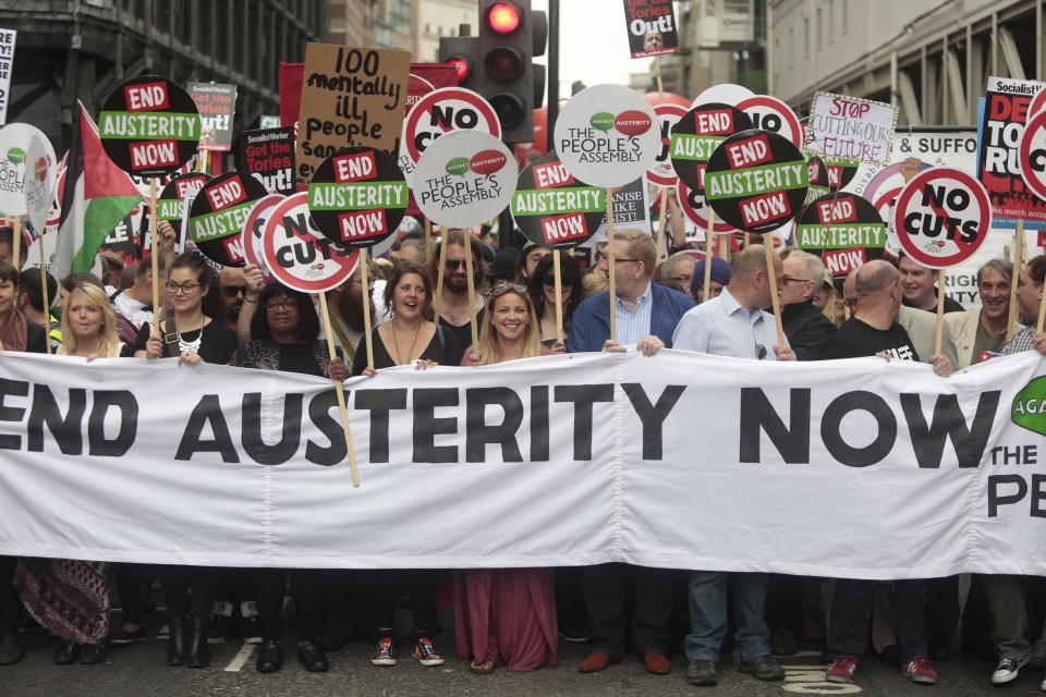 Diane Abbott MP (3rd left), Charlotte Church (centre) and General Secretary of Unite Len McCluskey (6th left, partially obscured) attend the End Austerity Now rally in London.