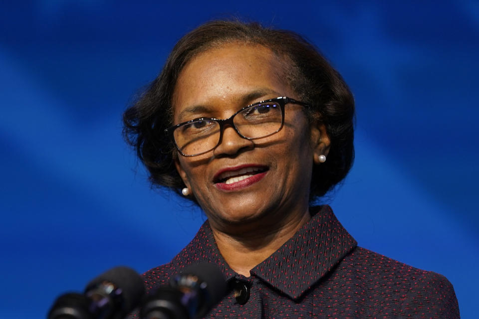 FILE - In this Dec. 19, 2020, file photo, Brenda Mallory speaks at The Queen Theater in Wilmington Del. The Senate on April 14, 2021, confirmed Mallory to chair the White House Council on Environmental Quality. (AP Photo/Carolyn Kaster, File)