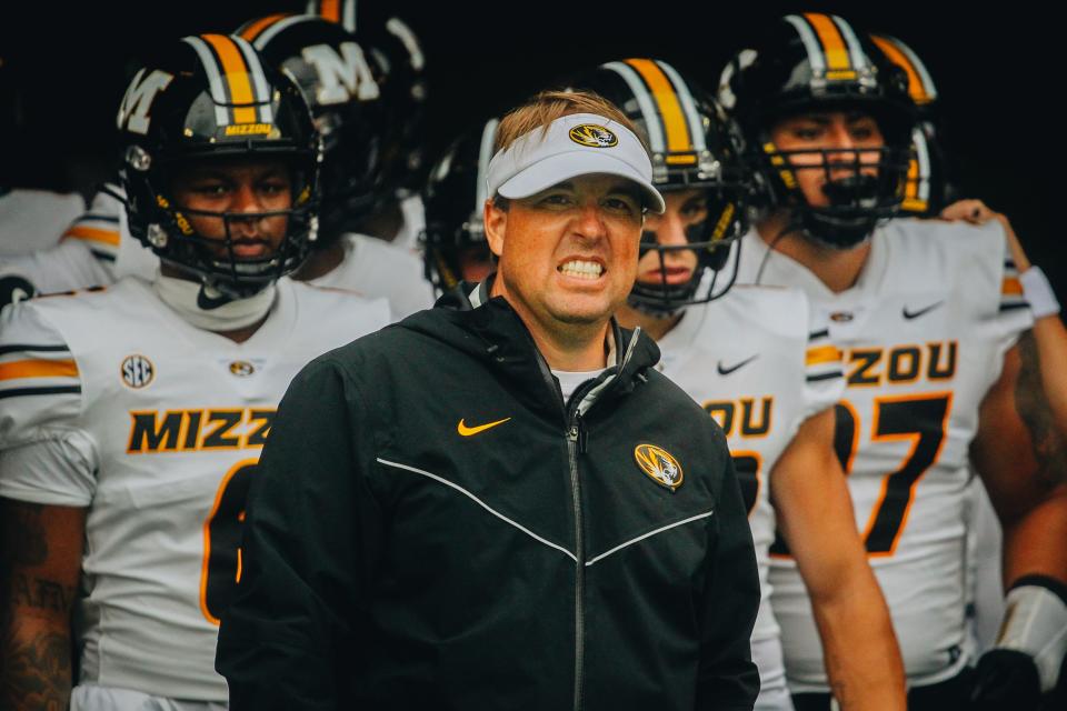 Missouri head football coach Eli Drinkwitz looks on before the Tigers' game against Kansas State at Bill Snyder Family Stadium in Manhattan, Kansas, on Sept. 10, 2022. The game went into a weather delay with MU trailing 14-3 and Kansas State outgaining the Tigers 142 to 40.