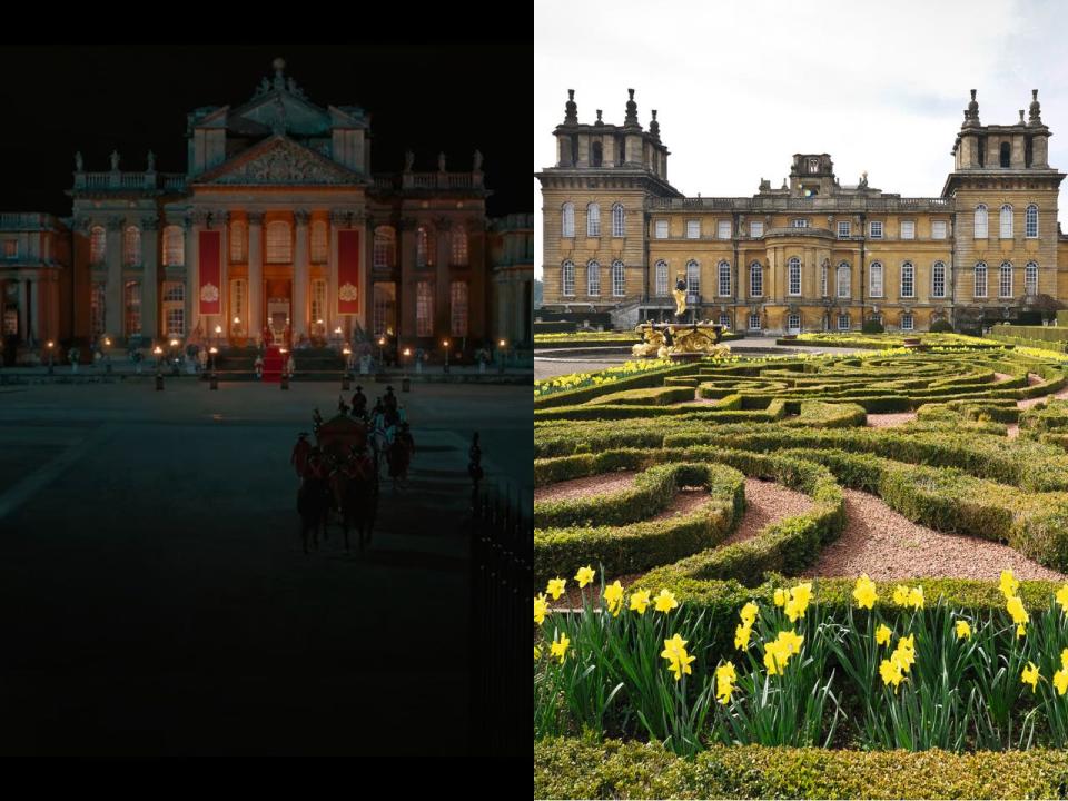 An exterior night-time shot of Blenheim Palace in the "Bridgerton" Queen Charlotte spinoff and the same palace with the gardens on view in reality (right).