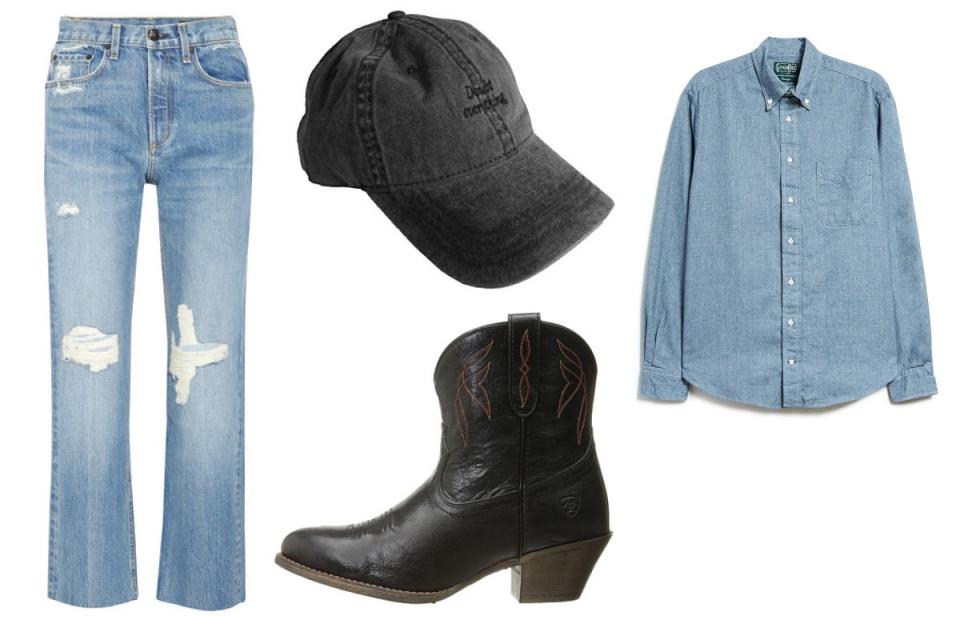 <p>You can nail the denim-on-denim look with chambray tops, too. Here, a loose-fitting shirt and relaxed jeans create the perfect effortless look. Throw on a dad cap in faded black denim for that extra dose of edge.</p> <p><em>Ariat Boot, $140. <a rel="nofollow noopener" href="http://www.zappos.com/p/ariat-darlin-old-black/product/8677445/color/205194?ef_id=WS8QngAAAHL0ejdU:20170803181124:s&ef_id=WS8QngAAAHL0ejdU:20170803181124:s" target="_blank" data-ylk="slk:Zappos.com;elm:context_link;itc:0;sec:content-canvas" class="link ">Zappos.com</a>. Gitman Brothers Vintage Shirt, $192. <a rel="nofollow noopener" href="http://needsupply.com/flannel-chambray-shirt-in-blue.html" target="_blank" data-ylk="slk:Needsupply.com;elm:context_link;itc:0;sec:content-canvas" class="link ">Needsupply.com</a>. Richardson Dad Cap, $63. <a rel="nofollow noopener" href="http://www.richardsonshop.com/shop/main/fpar-doubt-everything-dad-cap" target="_blank" data-ylk="slk:Richardsonshop.com;elm:context_link;itc:0;sec:content-canvas" class="link ">Richardsonshop.com</a>. Rag & Bone Jeans, $295. <a rel="nofollow noopener" href="https://www.net-a-porter.com/us/en/product/931315/rag___bone/distressed-high-rise-straight-leg-jeans" target="_blank" data-ylk="slk:Net-a-porter.com;elm:context_link;itc:0;sec:content-canvas" class="link ">Net-a-porter.com</a>.</em></p>