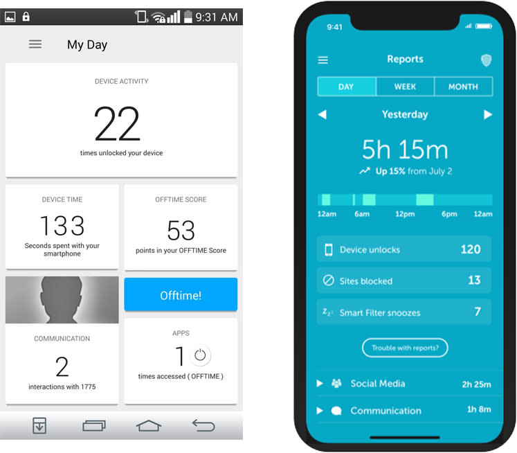 Offtime (left) and Onward (right) can limit the time you spend in your communication apps.