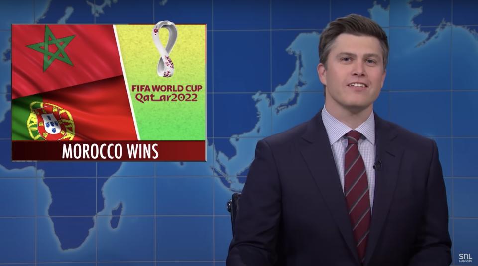 Colin at the Weekend Update desk with "Morocco wins" headline
