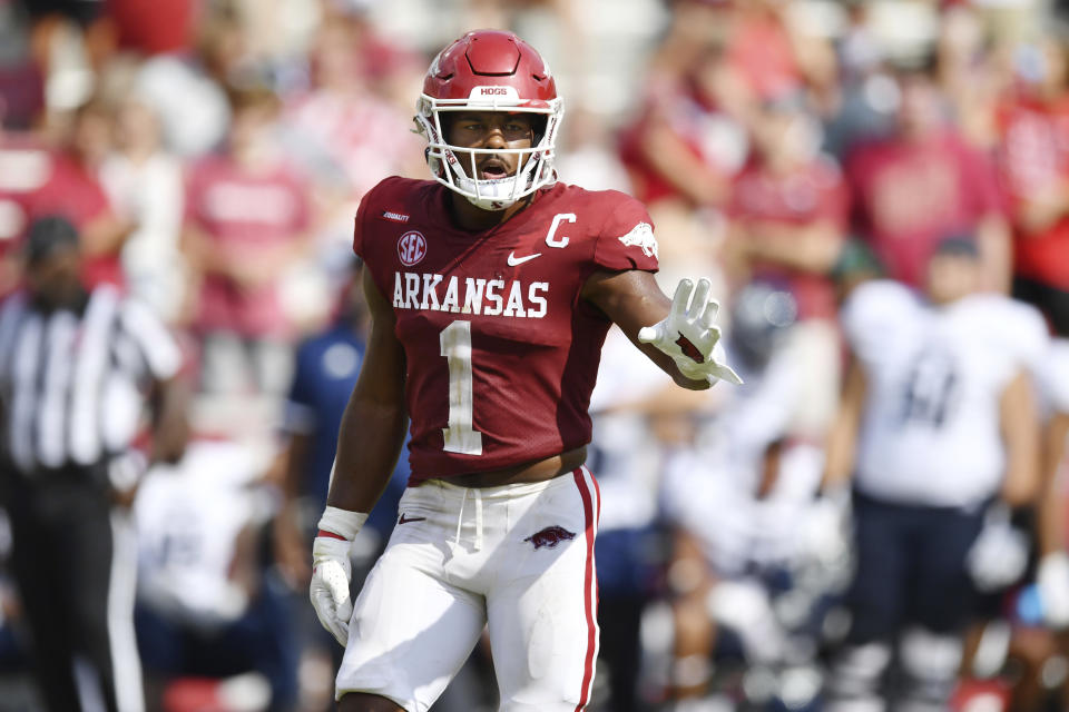 Arkansas defensive back Jalen Catalon (1) against Rice during the second half of an NCAA college football game Saturday, Sept. 4, 2021, in Fayetteville, Ark. (AP Photo/Michael Woods)