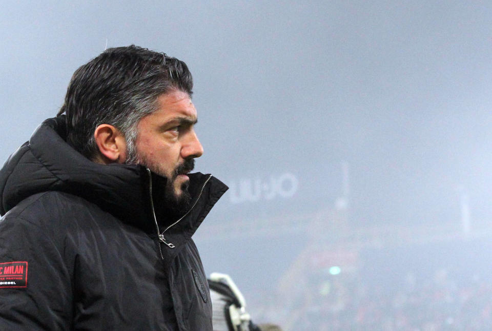 Milan's head coach Mr. Gennaro Gattuso looks on during the match against Bologna during the Italian Serie A soccer match between Bologna and Milan at "Dall'Ara" stadium in Bologna, Italy, Tuesday, Dec. 18, 2018. (Giorgio Benvenuti/ANSA via AP)