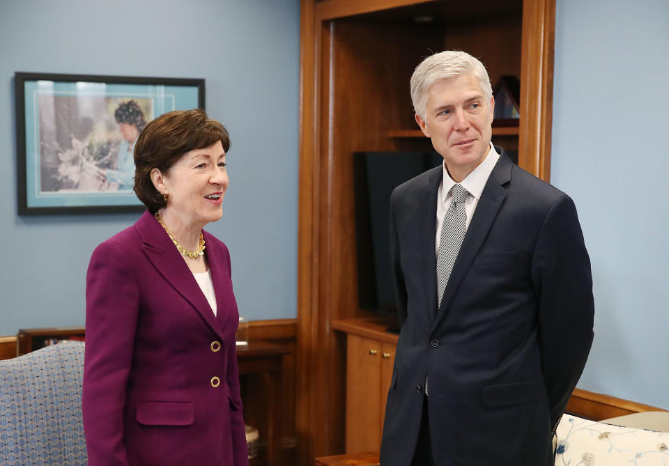 Collins with then-Supreme Court nominee Neil Gorsuch in 2017. (Mark Wilson via Getty Images)