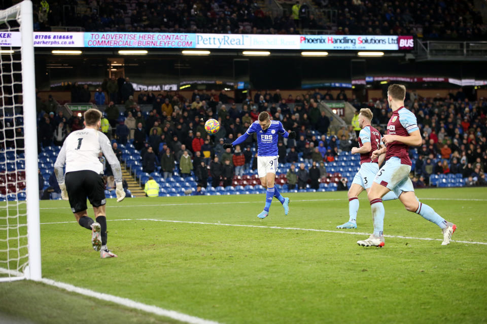 BURNLEY, ENGLAND - MARCH 01: Jamie Vardy of Leicester City scores to make it 0-2 during the Premier League match between Burnley and Leicester City at Turf Moor on March 01, 2022 in Burnley, United Kingdom. (Photo by Plumb Images/Leicester City FC via Getty Images)