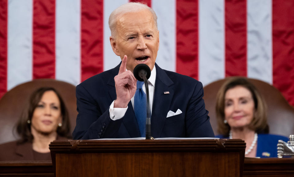 WASHINGTON, DC - MARCH 01:  U.S. President Joe Biden delivers the State of the Union address to a joint session of Congress in the U.S. Capitol House Chamber on March 1, 2022  in Washington, DC. In his first State of the Union address, Biden spoke on his administration’s efforts to lead a global response to the Russian invasion of Ukraine, work to curb inflation, and bring the country out of the COVID-19 pandemic. (Photo by Saul Loeb - Pool/Getty Images)