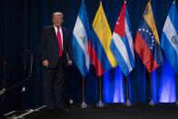 President Donald Trump arrives for a Latinos for Trump event at Trump National Doral Miami resort, Friday, Sept. 25, 2020, in Doral, Fla. (AP Photo/Evan Vucci)