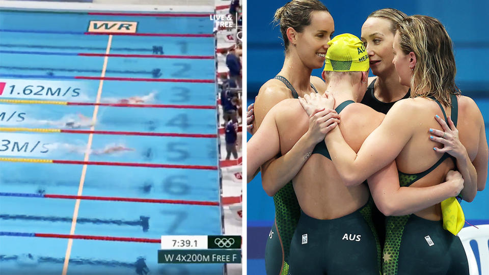 The 4x200m relay world record tumbled (left) as Australia claimed bronze in the thrilling final (right).