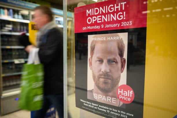 A poster advertising the launch of Prince Harry’s memoir ‘Spare' is seen in a store window on 6 January 2023 in London, England (Getty Images)