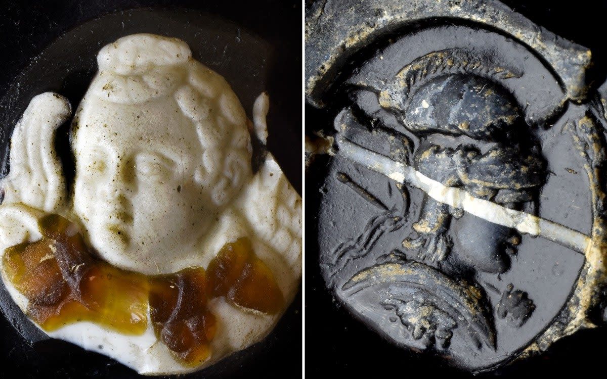 LEFT: Undated handout photo issued by the British Museum of cameo with bust of god Cupid/Eros in three layers of brown on white on purple glass. RIGHT: Undated handout photo issued by the British Museum of a Roman first century profile intaglio bust of goddess Minerva/Athena in black glass with a white band. The British Museum is putting 10 of the gems that were stolen from the institution on display to the public. The Rediscovering Gems exhibition, beginning this month, will also show more than 500 items that were not part of the artefacts recovered.