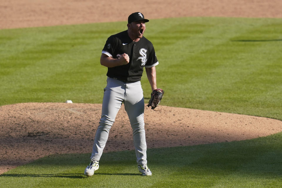 Chicago White Sox relief pitcher Liam Hendriks reacts to the final out in the ninth inning of a baseball game against the Detroit Tigers in Detroit, Monday, Sept. 27, 2021. (AP Photo/Paul Sancya)