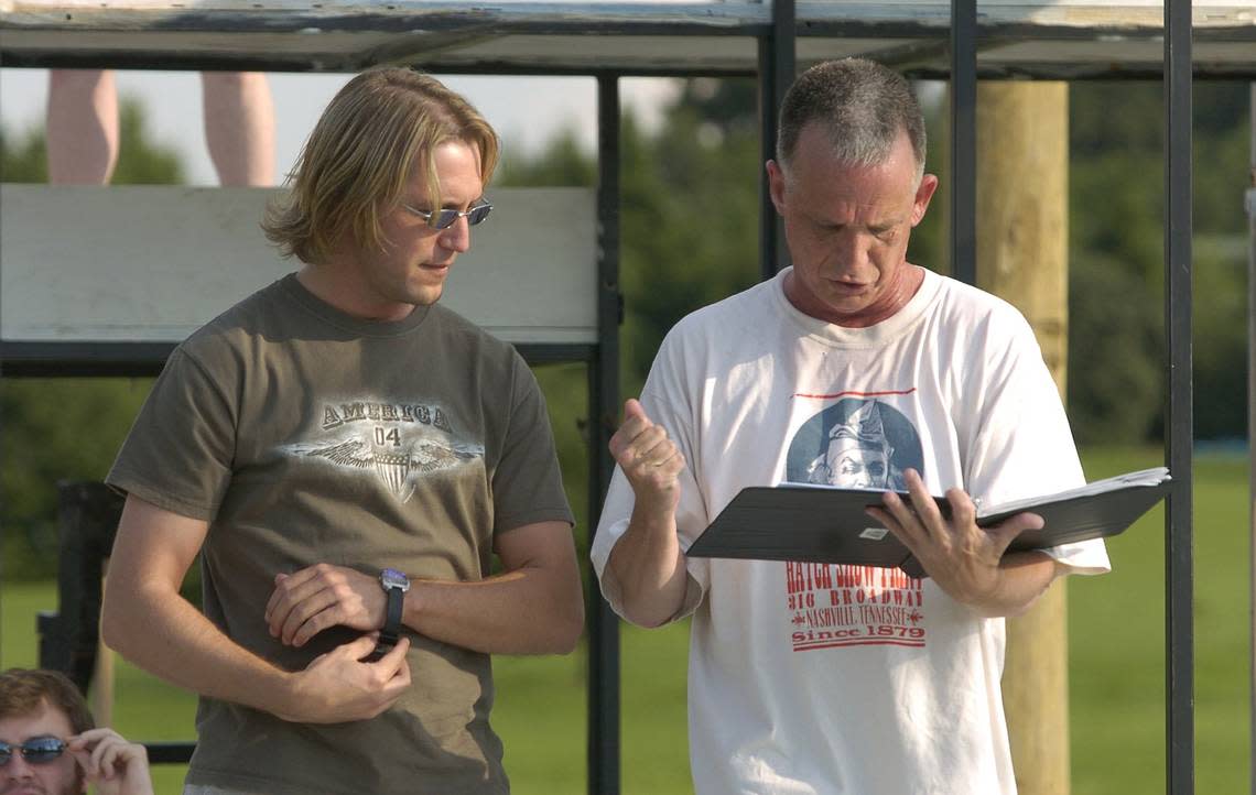 Mike Fryman as Jesus talks withdirector Mike Thomas during a rehearsal for “Jesus Christ Superstar” at the Arboretum in Lexington, KY, Wednesday, June 23, 2004. This was their first rehearsal on the outdoor stage. Charles Bertram/Staff