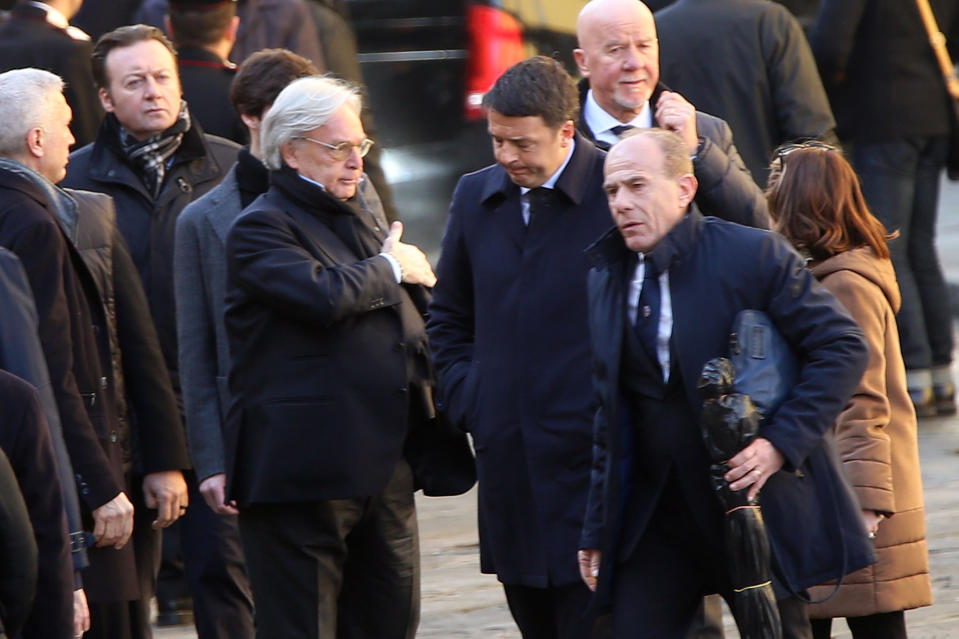 <p>Diego Della Valle of ACF Fiorentina and Matteo Renzi during the funeral of Davide Astori on March 8, 2018 in Florence, Italy. (Photo by Gabriele Maltinti/Getty Images) </p>