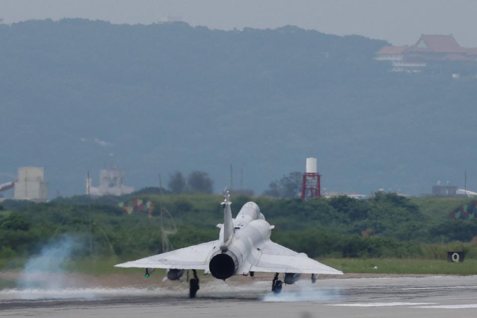 A Taiwan Air Force Mirage 2000-5 aircraft lands at Hsinchu Air Base in Hsinchu (Reuters)