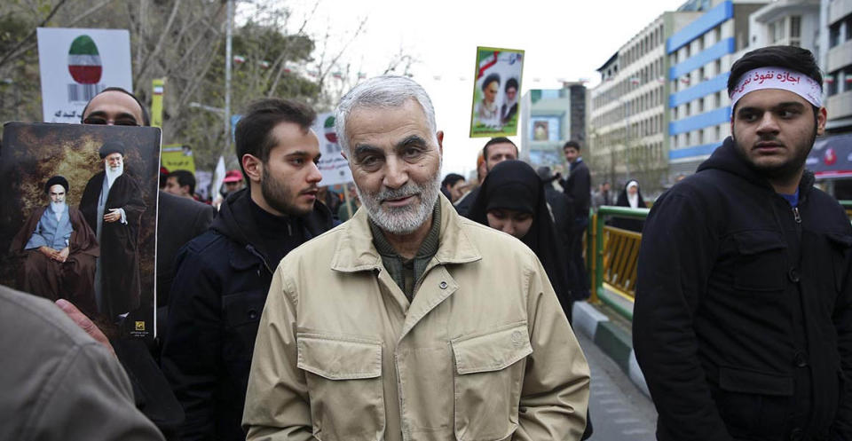 FILE -- In this Feb. 11, 2016 file photo, Revolutionary Guard Gen. Qassem Soleimani attends an annual rally commemorating the anniversary of the 1979 Islamic revolution, in Tehran, Iran. As Saudi Arabia holds a naval drill in the strategic Strait of Hormuz, Soleimani, a powerful Iranian general was quoted, Wednesday, Oct. 5, 2016, by the semi-official Fars and Tasnim news agencies as suggesting the kingdom's deputy crown prince is so 