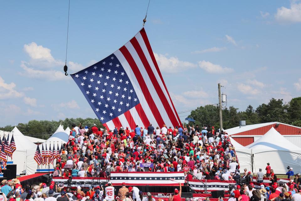 People gather Saturday for a campaign rally of Republican presidential candidate and former U.S. President Donald Trump at the Butler Farm Show.