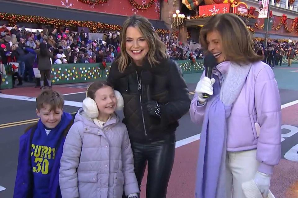 <p>Today Show/X</p> Savannah Guthrie and her children chat with Hoda Kotb at the Macy