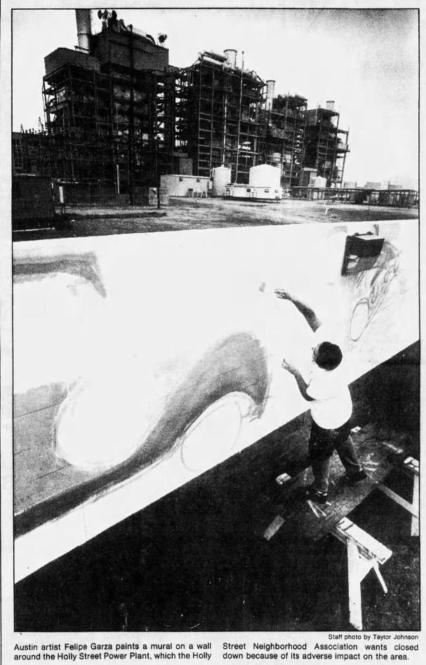 The Nov. 8, 1991, edition of the American-Statesman showed artist Felipe Garza working on a mural with the Holly Power Plant in the background.