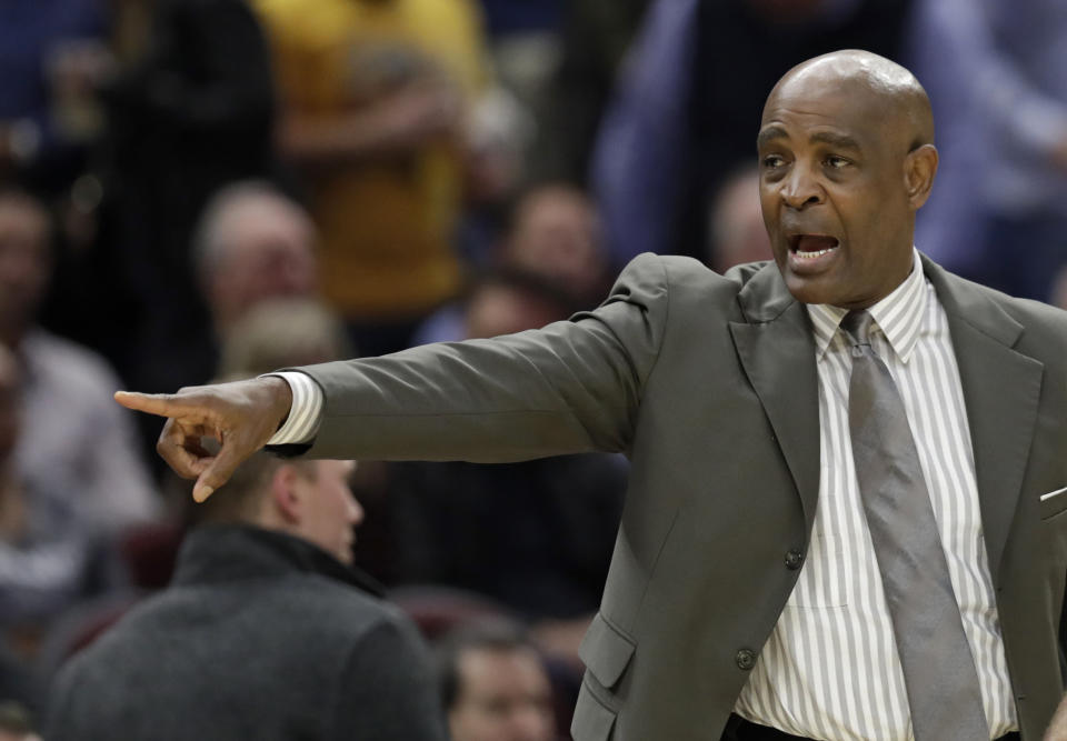 Cleveland Cavaliers acting head coach Larry Drew yells instructions to players in the first half of an NBA basketball game against the Atlanta Hawks, Tuesday, Oct. 30, 2018, in Cleveland. (AP Photo/Tony Dejak)