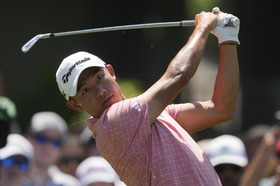 Collin Morikawa watches his tee shot on the ninth hole during the second round of the RBC Heritage golf tournament, Friday, April 19, 2024, in Hilton Head Island, S.C. (AP Photo/Chris Carlson)