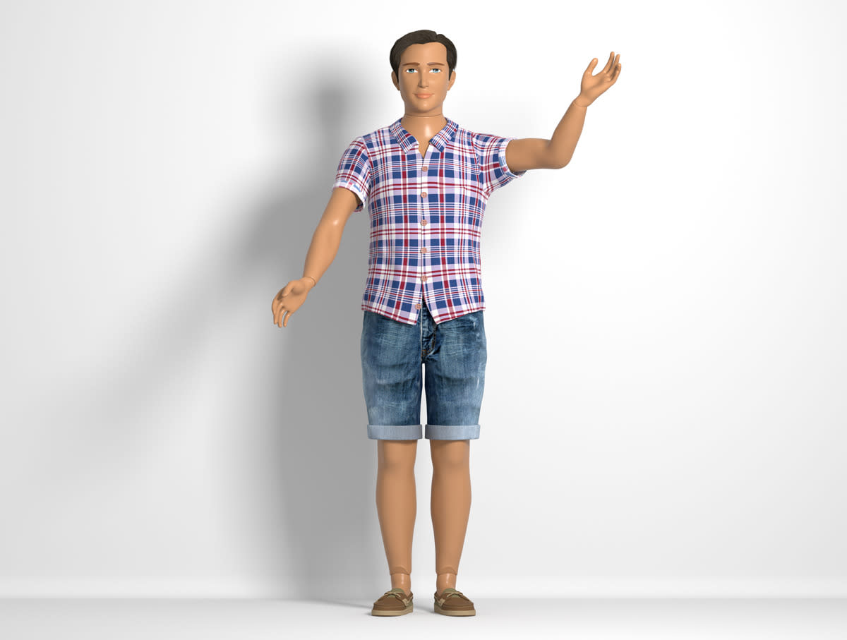 Male Lammily doll in jean shorts and hipster shirt