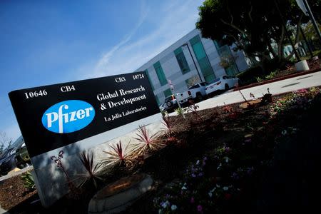 The logo of Dow Jones Industrial Average stock market index listed company Pfizer is pictured here in La Jolla, California April 21, 2016. REUTERS/Mike Blake