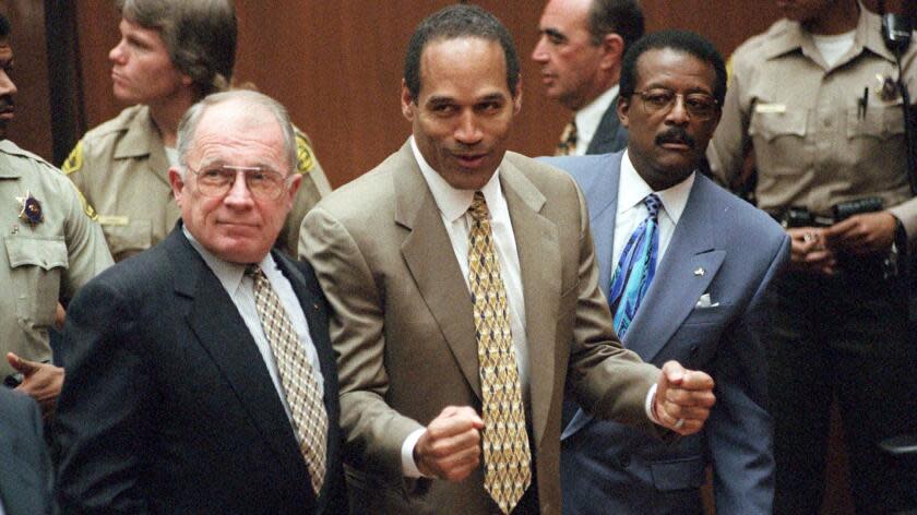 O.J. Simpson reacts as he is found not guilty in the death of his ex-wife Nicole Brown Simpson.
